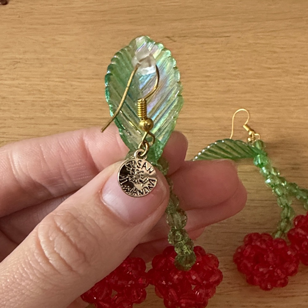 Susan Alexandra Red Cherry Beaded Hoop Earrings with Green Accents - Picture 2 of 3